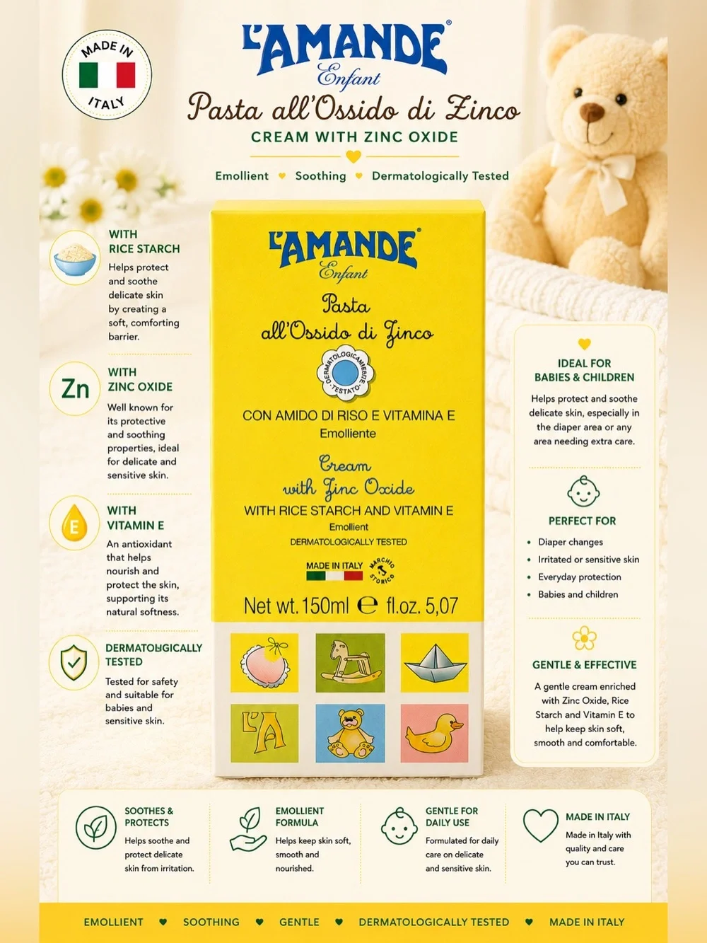 L’AMANDE Enfant Zinc Oxide Cream Rice Starch & Vitamin E Baby Skin Protectant